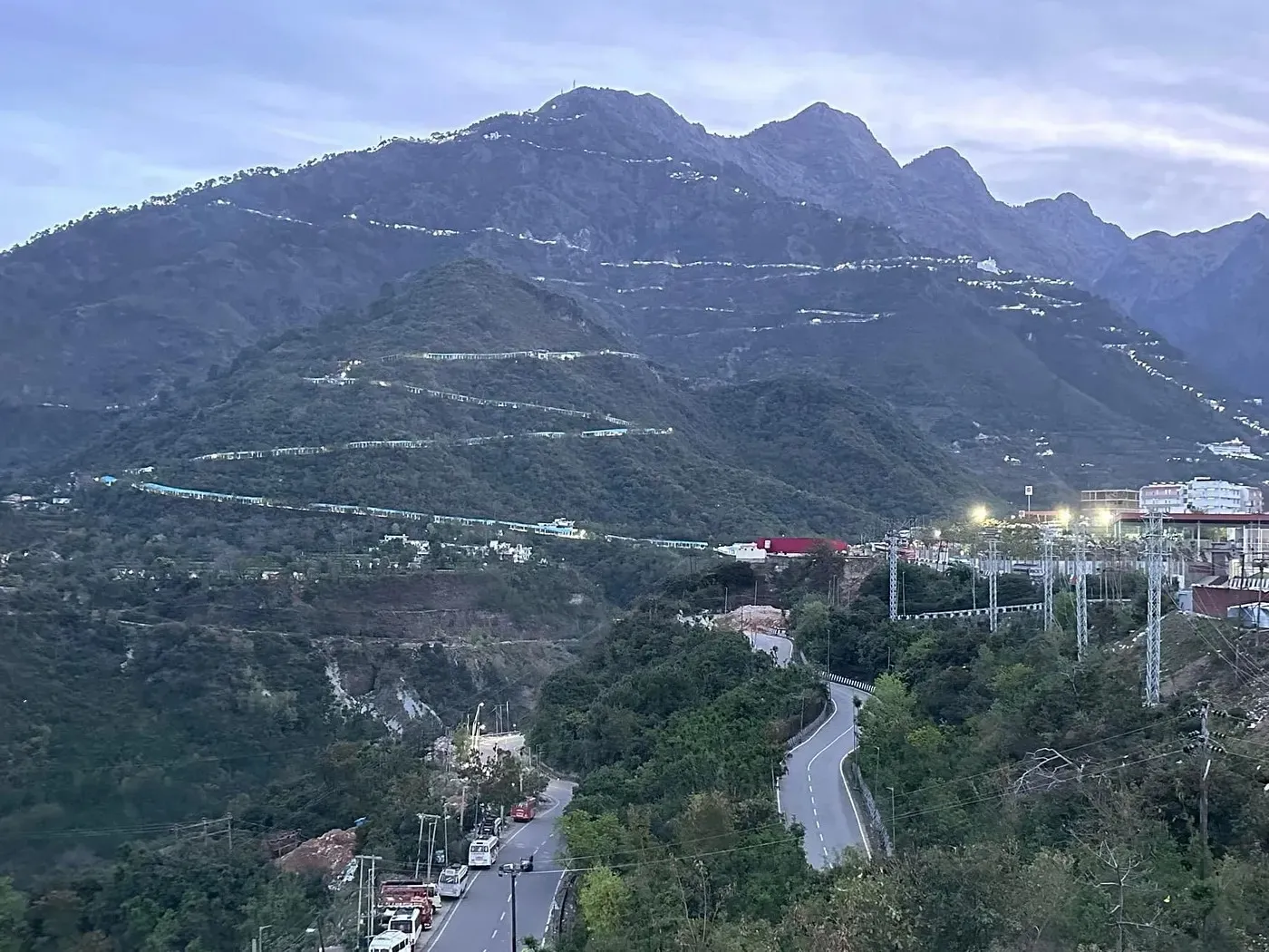 The Trikuta hills above Katra, with the lit pilgrim path zigzagging up the mountain
