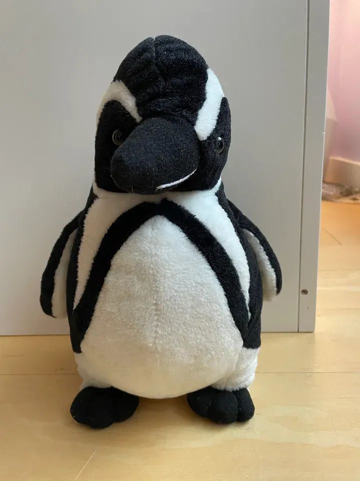 Potu, a black and white stuffed penguin