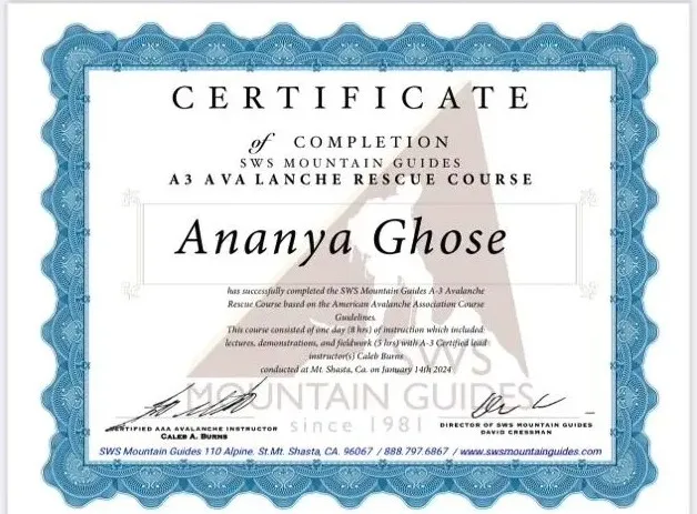 SWS Mountain Guides certificate of completion for Ananya Ghose
